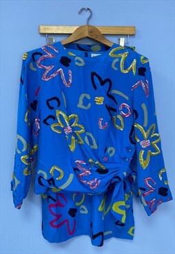 Vintage 80s 2 Piece Co-Ord Blue Sequin Blouse Skirt