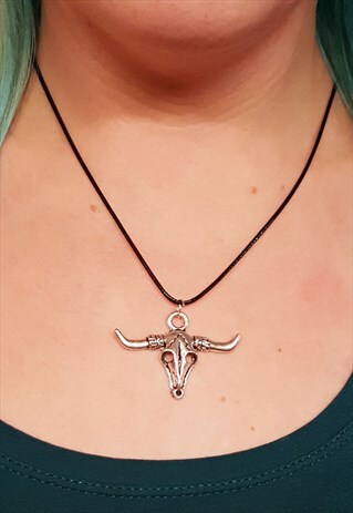 COW SKULL PENDANT BLACK NECKLACE