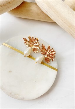 Gold Faux Pearl Drop Leaf Teardrop Simple Earrings