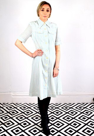 VINTAGE 70'S JAPANESE DAGGER COLLAR STRIPED SHIRT DRESS
