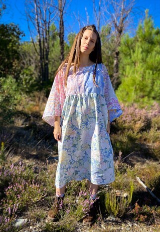 SIENNA WIDE SLEEVE DRESS - MIDI ROSE FLORALS - L/XL