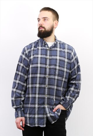 VINTAGE XL TALL FLANNEL PLAID SHIRT CASUAL BUTTON CHECK BLUE