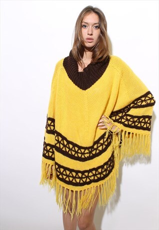 VINTAGE 1970'S 70'S YELLOW FRINGE CROCHET CAPE PONCHO OS