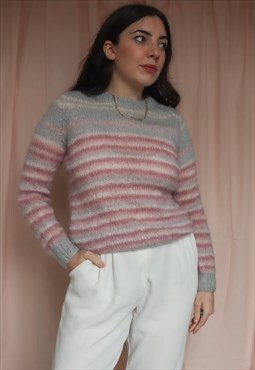 Vintage 80s hand-knit mohair jumper in pink stripe