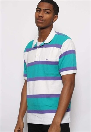 VINTAGE FILA STRIPED LOGO POLO SHIRT WHITE BLUE