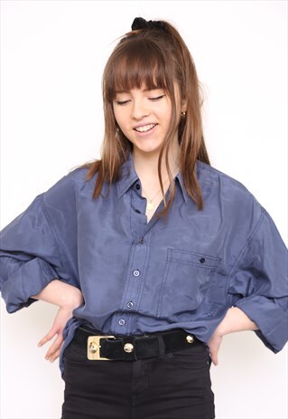VINTAGE 90S BLUE SILK OVERSIZED BLOUSE SHIRT
