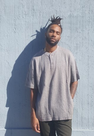 90S SPORTSWEAR SKATER GREY RIB KNIT SHORT SLEEVE HENLEY XXL