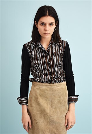 90'S GOES 70'S RETRO BELT PRINT KNITTED SLEEVE SHIRT TOP