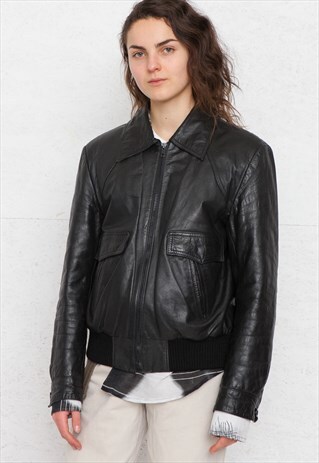 VINTAGE BLACK LEATHER BOMBER JACKET