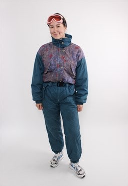 80s one piece ski suit in blue, vintage abstract snowsuit