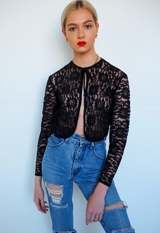 VINTAGE BLACK LACE NECK TIE BLOUSE