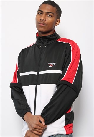 VINTAGE REEBOK LOGO TRACK JACKET BLACK RED WHITE