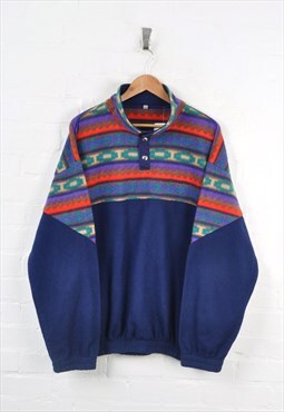 Vintage Fleece 1/4 Button Aztec Pattern Navy Large