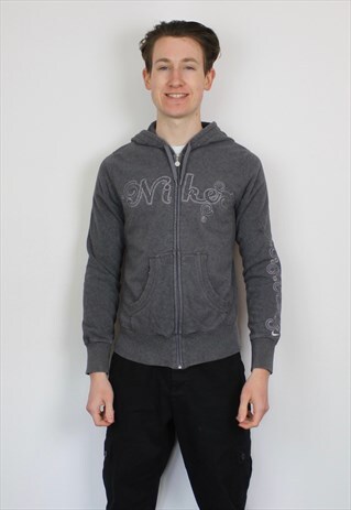 VINTAGE NIKE ZIP HOODIE IN GREY WITH EMBROIDERED SPELL OUT