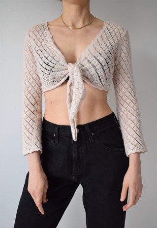 VINTAGE 90S MOHAIR SEQUIN TIE UP FRONT CROPPED CARDIGAN