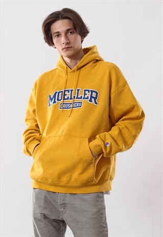 VINTAGE MENS CHAMPION BIG LOGO YELLOW HOODIE SWEATSHIRT