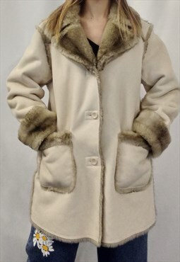 90's Dennis Basso Coat Faux Fur White Grey 
