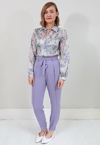 VINTAGE 70'S LILAC FLORAL CRINKLE SHEER BLOUSE SHIRT