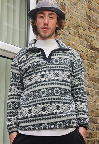 VINTAGE / 80'S / GREY PATTERNED FLEECE JUMPER