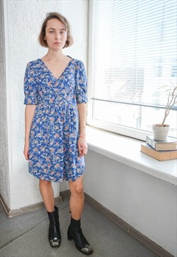 Vintage 80's Blue Floral Print Mini Wrap Style Dress
