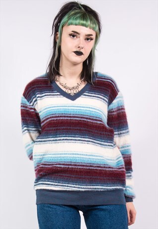 VINTAGE 90'S FLUFFY STRIPED V-NECK GRUNGE JUMPER