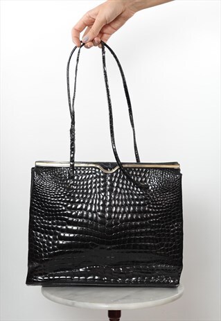VINTAGE MOCK CROC BAG LEATHER SHOULDER BAG BLACK