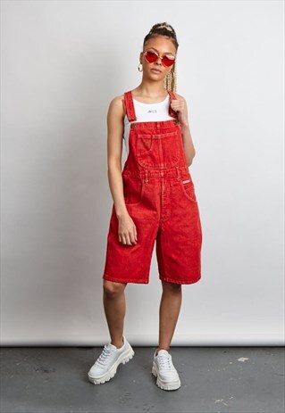 VINTAGE 90'S RED WASHED DUNGAREE SHORTS