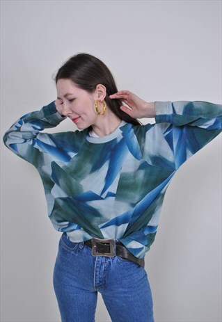 90S ABSTRACT PRINT GREEN SWEATSHIRT, VINTAGE PATTERN JUMPER