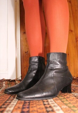 Vintage 90s Black Leather Mid Heel Ankle Boots