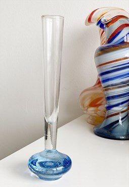 Vintage mid century 70s Art glass small vase blue clear