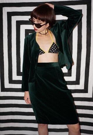VINTAGE 90S DARK GREEN VELVET SKIRT SUIT