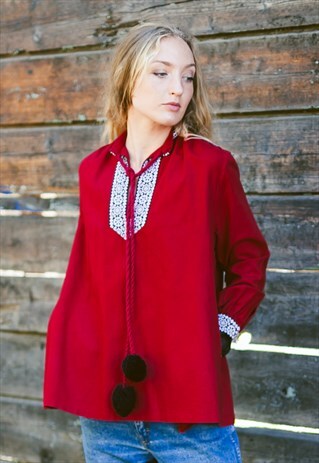 VINTAGE 70S EMBROIDERED BLOUSE WITH POM POMS