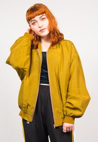 VINTAGE 90'S OLIVE GREEN SILK OVERSIZED BOMBER JACKET