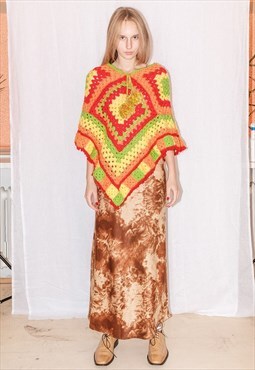 90's Vintage bright poncho in orange red green and yellow