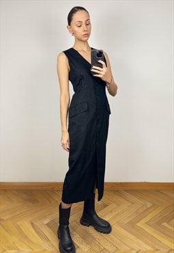 Black Sleeveless Button Up Linen blend maxi dress