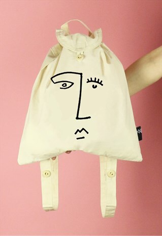 FACE LINE DRAWING PRINT CANVAS BACKPACK - BLACK ON NATURAL