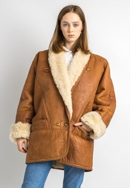 80s Vintage Woman Brown Shearling Winter Coat 5858