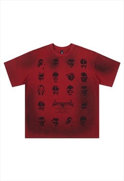 X-ray t-shirt faces print top grunge punk tee in dirty red