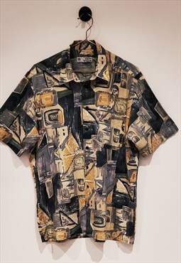 Men's 90s Vintage Abstract Summer Festival Shirt Blue Yellow
