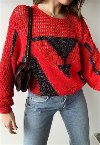 VINTAGE 80S SHIMMER BEADED CHROCHET SOFT KNIT JUMPER