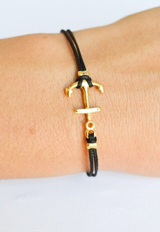 ANCHOR BRACELET WITH A GOLD CHARM AND BLACK CORD, NAUTICAL