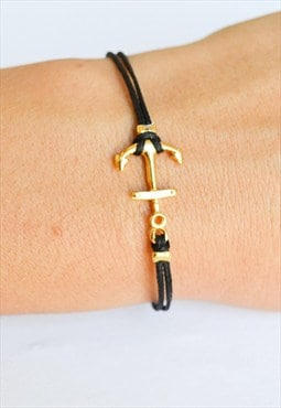 Anchor bracelet gold charm black cord nautical gift for her