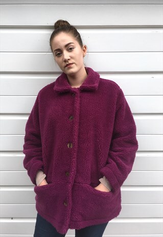 WOMENS VINTAGE PINK FAUX FUR FLUFFY TEDDY BEAR COAT JACKET