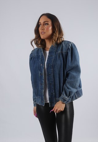 VINTAGE DENIM BOMBER JACKET OVERSIZED FITTED UK 12 M (FKBE)