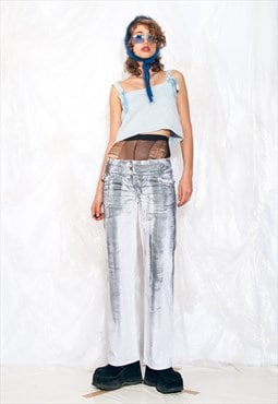 Vintage Y2K Reworked Flare Jeans in Silver and White