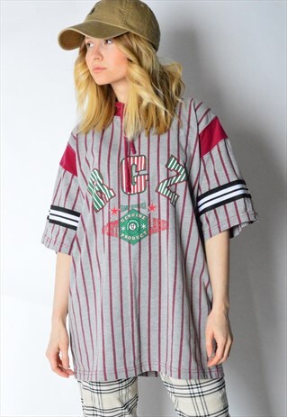 VINTAGE 90S STRIPED SPORTS HOODED T-SHIRT