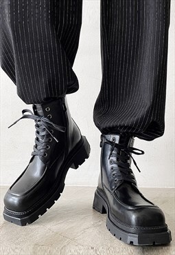Grunge chunky boots edgy square toe platform shoes in black