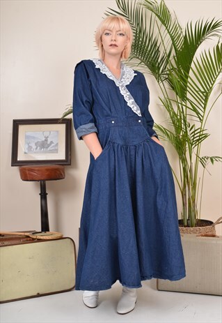 VINTAGE 90S HEAVY DENIM MAXI DRESS BLUE