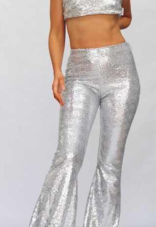 SILVER SEQUIN HIGH WAISTED TROUSERS