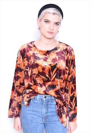 VINTAGE 90S BROWN ORANGE FLORAL VELVET LONG SLEEVE TOP